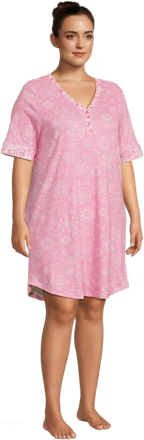 Karen Neuburger Women's Plus Size Tuscan Sun Elbow Sleeve Henley Sleepshirt with Twin Print
