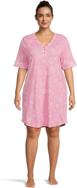 Karen Neuburger Women's Plus Size Tuscan Sun Elbow Sleeve Henley Sleepshirt with Twin Print