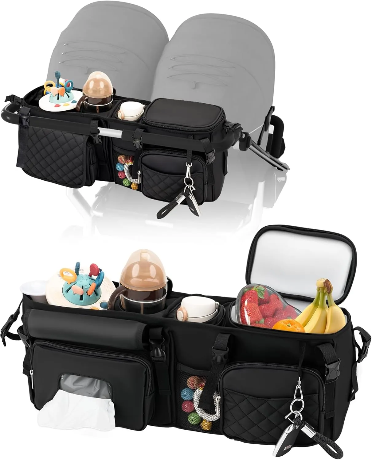 kcross Double Stroller Organizer Bag for Bob Duallie and Baby Jogger City Mini Gt2, Double Stroller Caddy Organizers with Cup Holder,Parent Console Stroller Accessories with Cooler Pockets