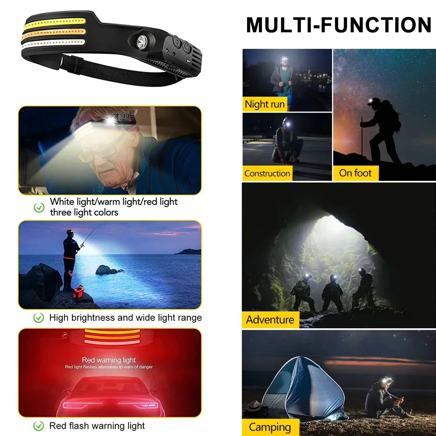KDULIT 450LM Sensor LED Headlamp – USB Rechargeable Head Torch for Camping & Fishing