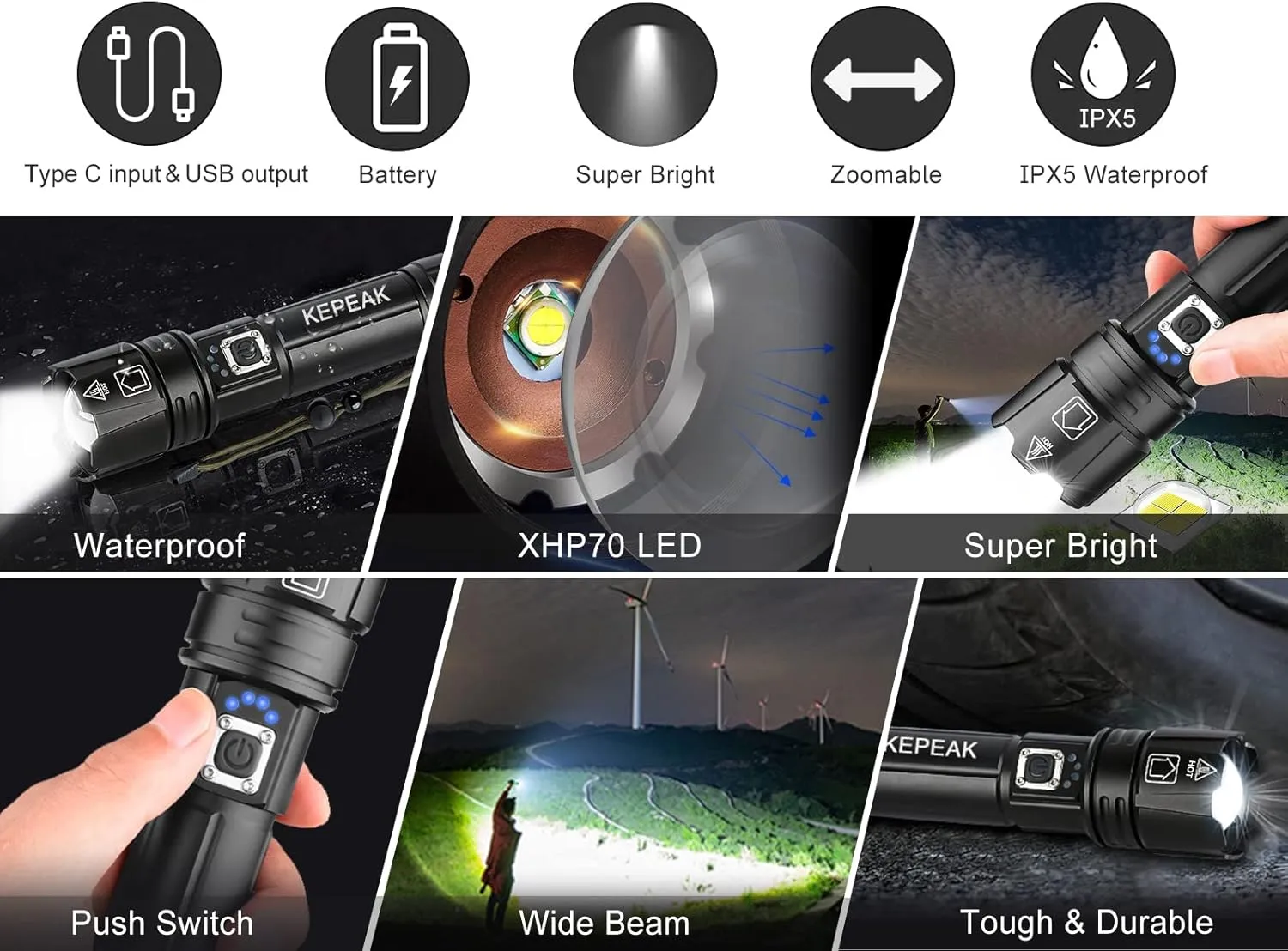 KEPEAK Flash Light, 5 Modes Rechargeable Flashlights, 2000 Lumens Super Bright LED, High Powered, Zoomable, Tactical Handheld Waterproof Flashlight for Camping, Emergency