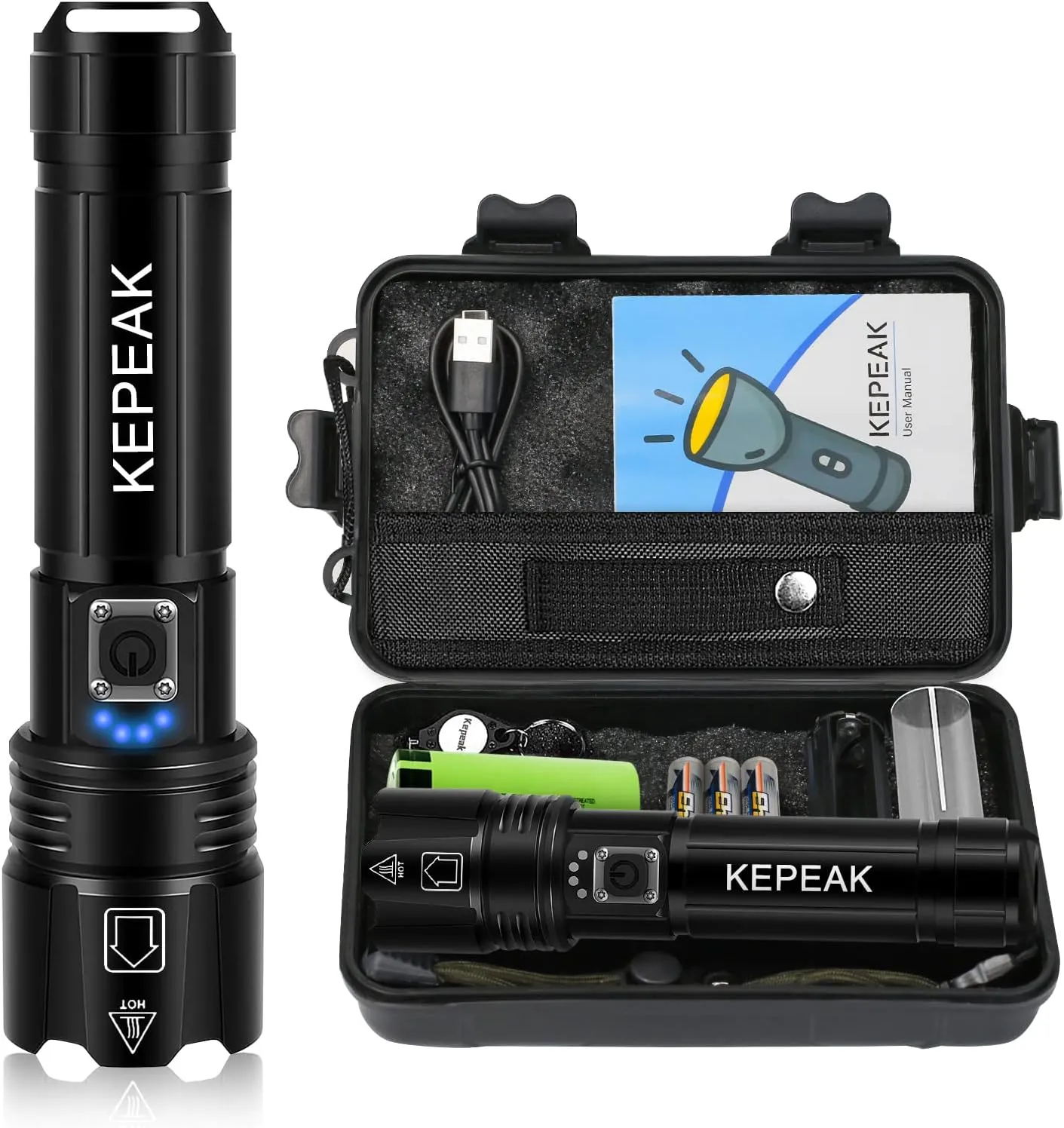 KEPEAK Flash Light, 5 Modes Rechargeable Flashlights, 2000 Lumens Super Bright LED, High Powered, Zoomable, Tactical Handheld Waterproof Flashlight for Camping, Emergency