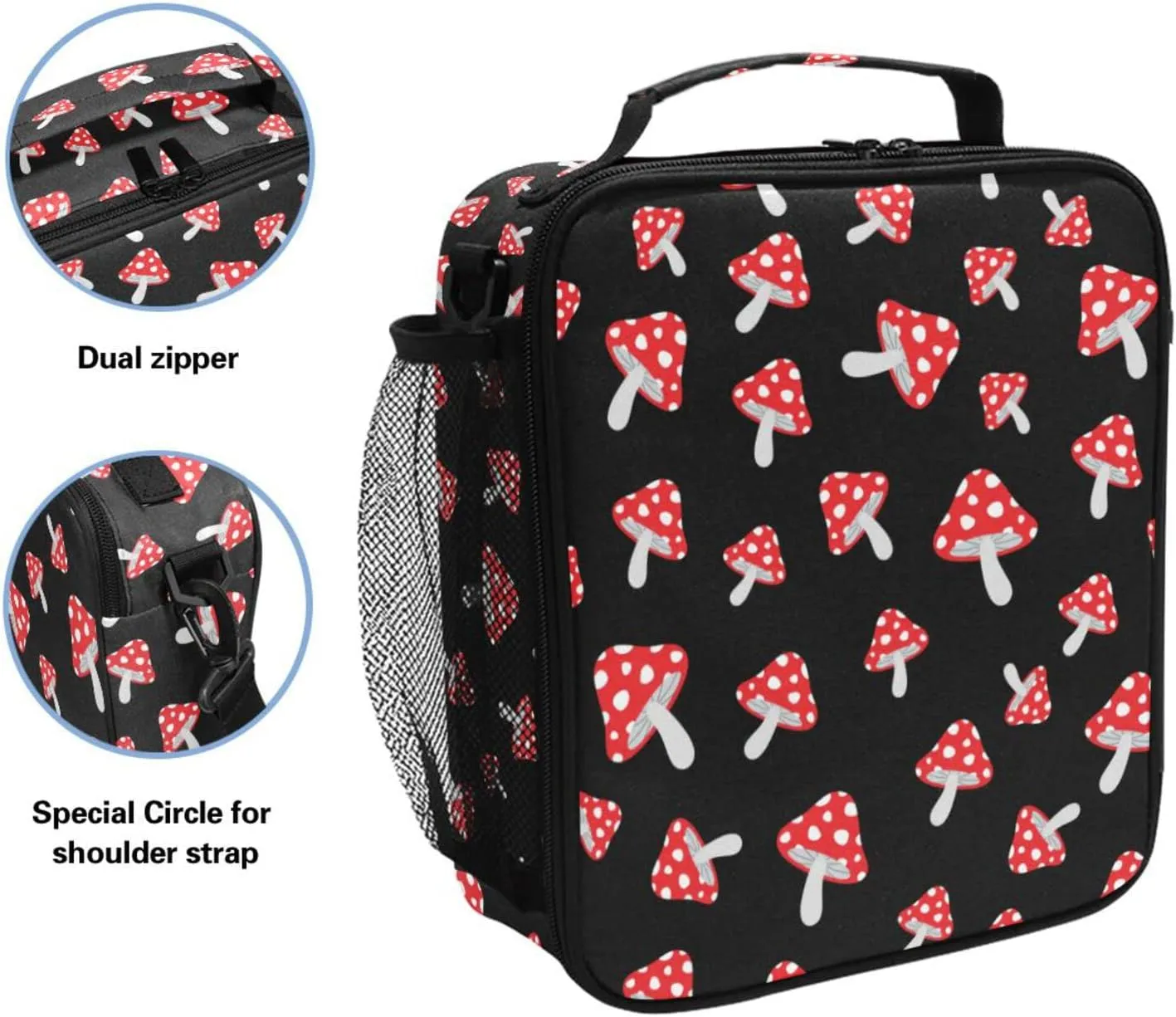 Kids Lunch Bag for Boy Girl Cute Cartoon Forest Mushrooms Insulated Lunch Box with Shoulder Strap Reusable Cooler Bags for School Picnic Beach Travel Leakproof Food Container Tote Bag