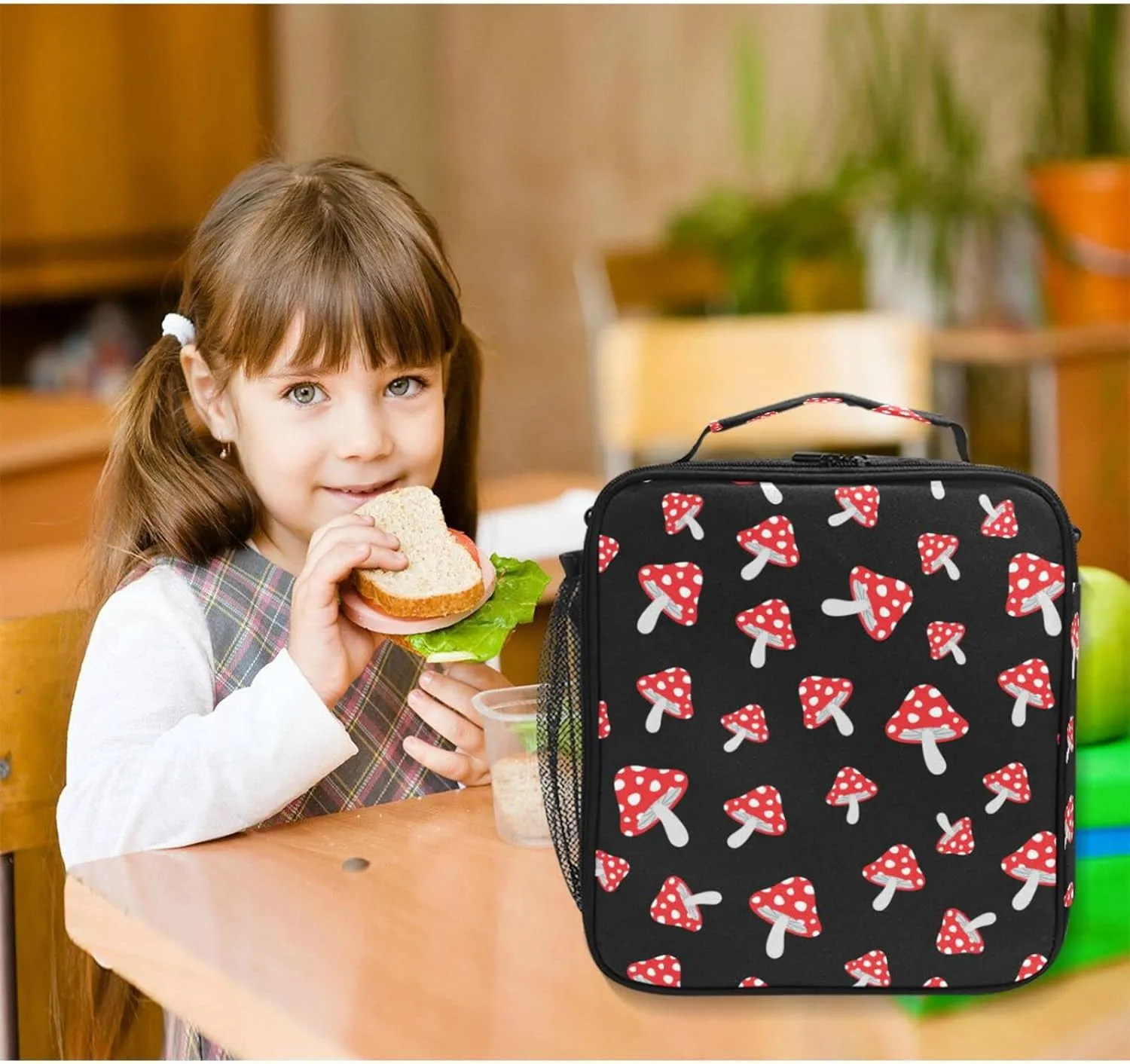Kids Lunch Bag for Boy Girl Cute Cartoon Forest Mushrooms Insulated Lunch Box with Shoulder Strap Reusable Cooler Bags for School Picnic Beach Travel Leakproof Food Container Tote Bag