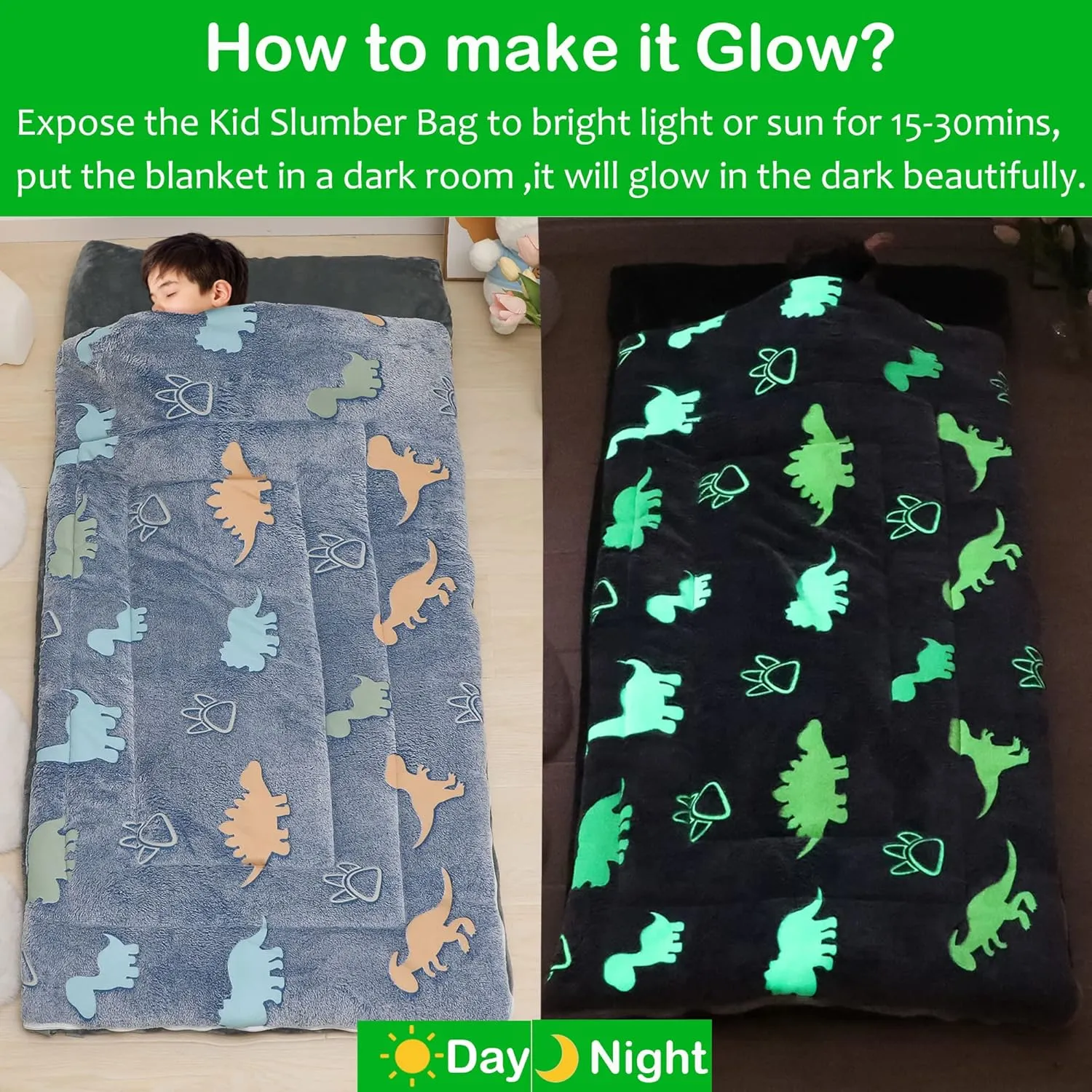 Kids Sleeping Bag for Girls Boys Glow in The Dark Toddler Slumber Bag Luminous Soft Sleepover Bag Nap Mat Preschool Daycare Kindergarten Slumber Sack with Pillow Pocket