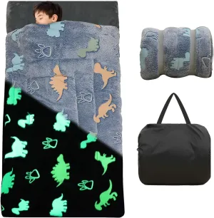 Kids Sleeping Bag for Girls Boys Glow in The Dark Toddler Slumber Bag Luminous Soft Sleepover Bag Nap Mat Preschool Daycare Kindergarten Slumber Sack with Pillow Pocket