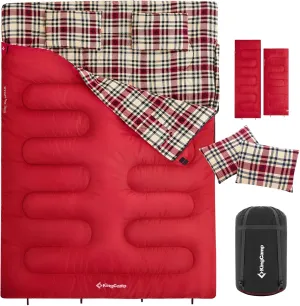 KingCamp Double Sleeping Bag for Adults, Queen Size 2 Person XXL Flannel Sleeping Bag, Waterproof Lightweight Flannel Quilt with 2 Pillows, Perfect for Couples Family Camping Hiking