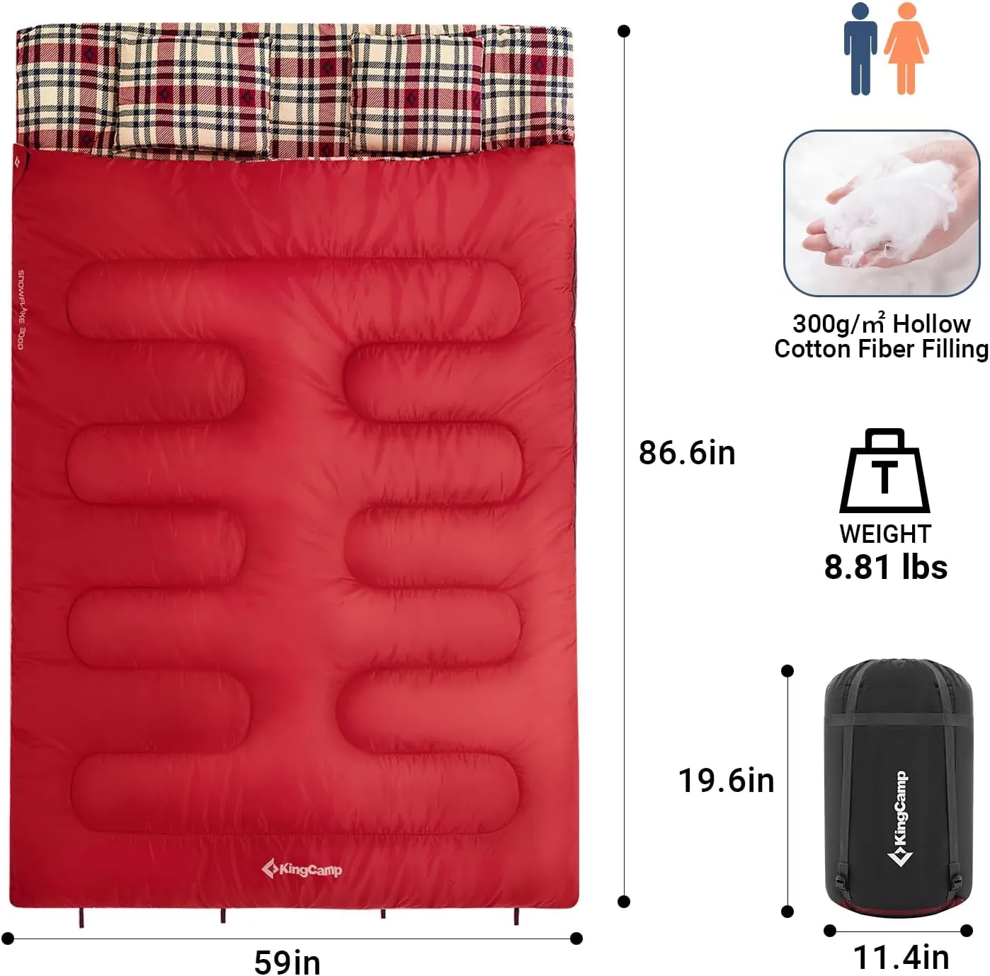 KingCamp Double Sleeping Bag for Adults, Queen Size 2 Person XXL Flannel Sleeping Bag, Waterproof Lightweight Flannel Quilt with 2 Pillows, Perfect for Couples Family Camping Hiking