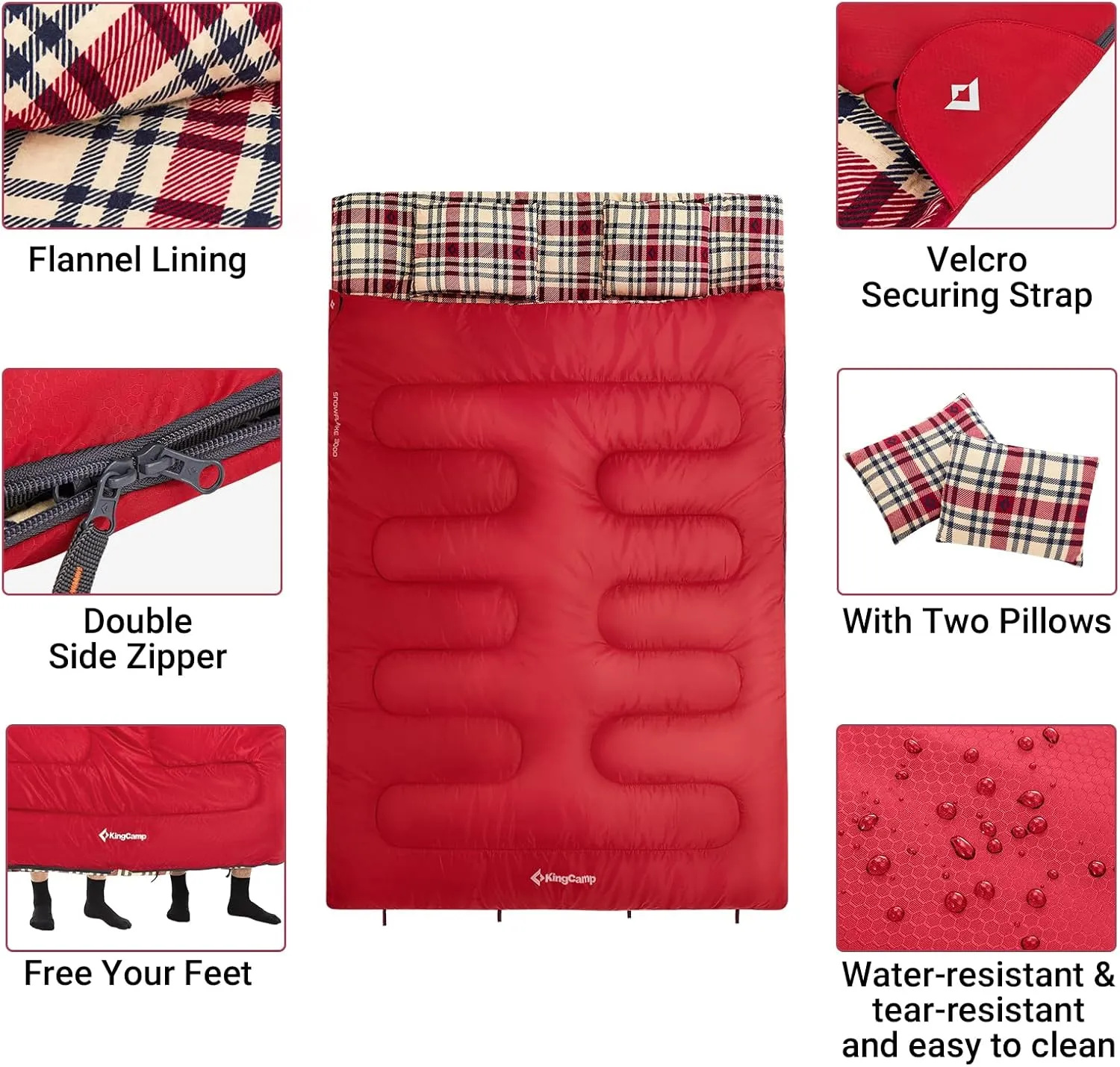 KingCamp Double Sleeping Bag for Adults, Queen Size 2 Person XXL Flannel Sleeping Bag, Waterproof Lightweight Flannel Quilt with 2 Pillows, Perfect for Couples Family Camping Hiking