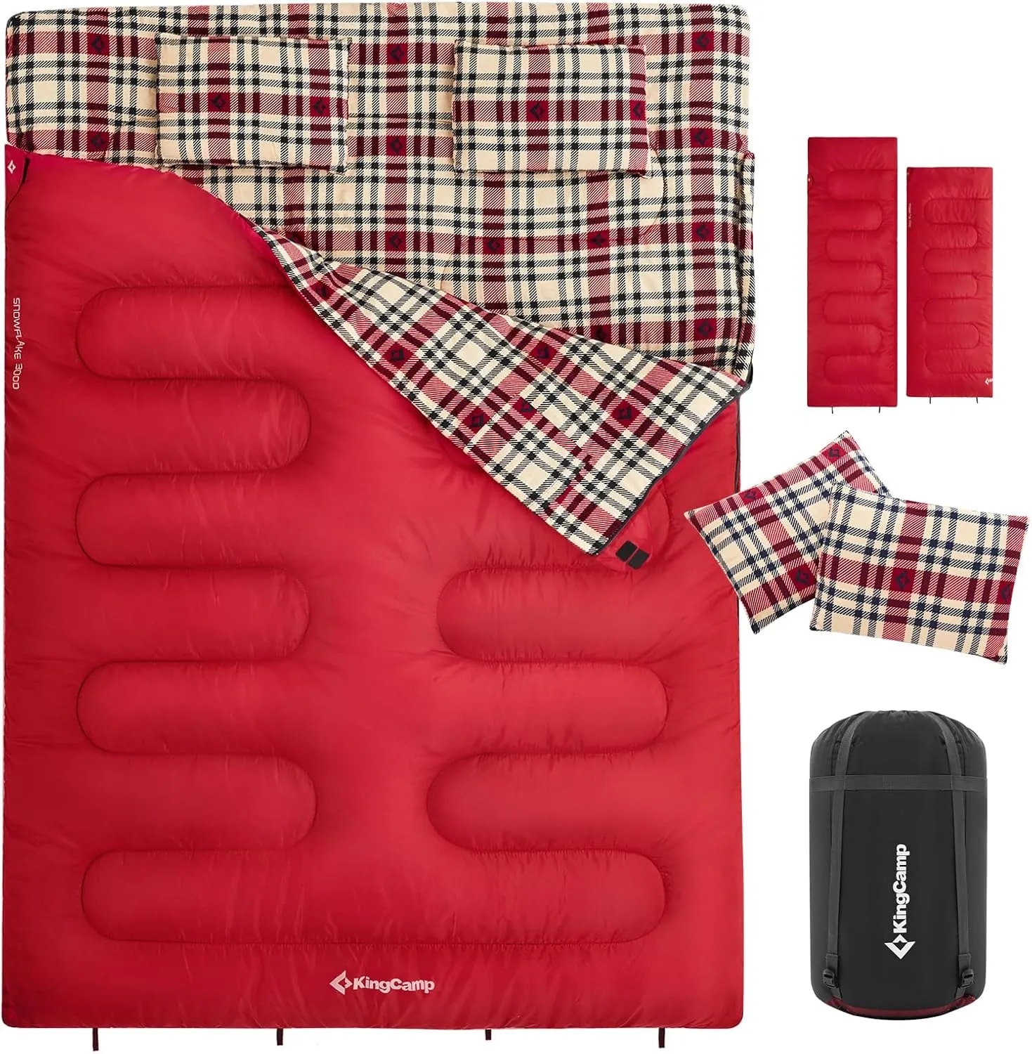 KingCamp Double Sleeping Bag for Adults, Queen Size 2 Person XXL Flannel Sleeping Bag, Waterproof Lightweight Flannel Quilt with 2 Pillows, Perfect for Couples Family Camping Hiking