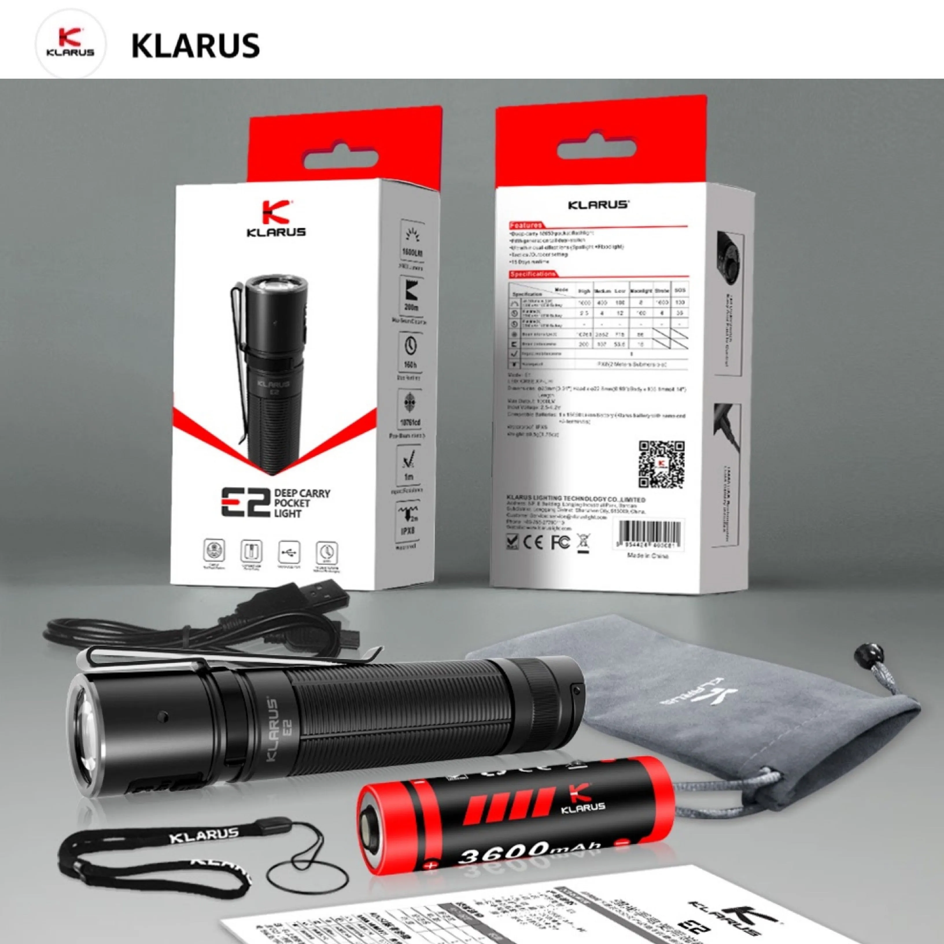 Klarus E2 1600 Lumens 190M Deep Carry Pocket EDC Flashlight