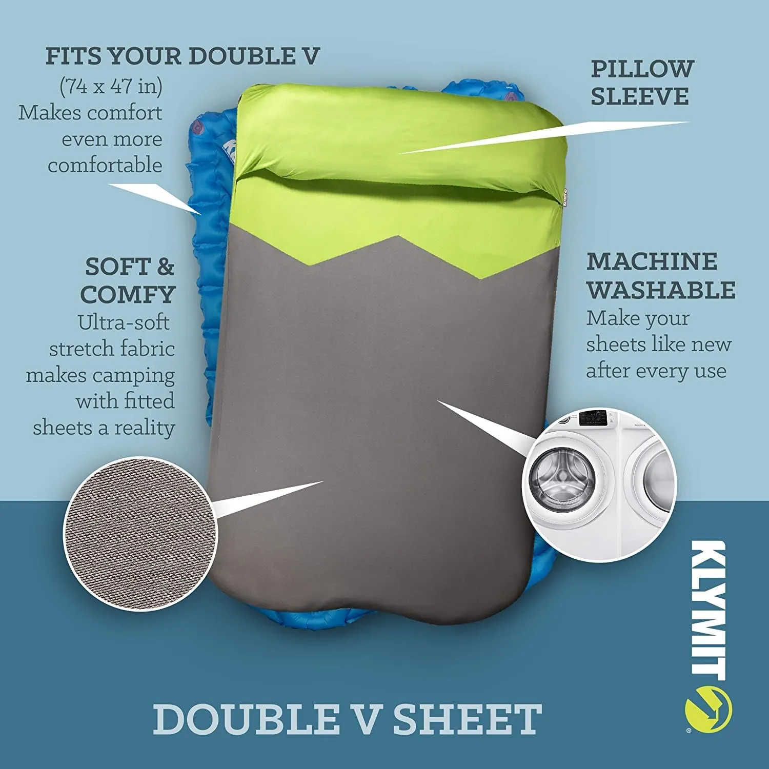 Klymit Insulated Double V Inflatable Sleeping Pad for Camping, Lightweight Hiking and Backpacking Air Bed for Cold Weather,Red & Static V Sheet, Sleeping Pad Cover, Green/Gray, Double