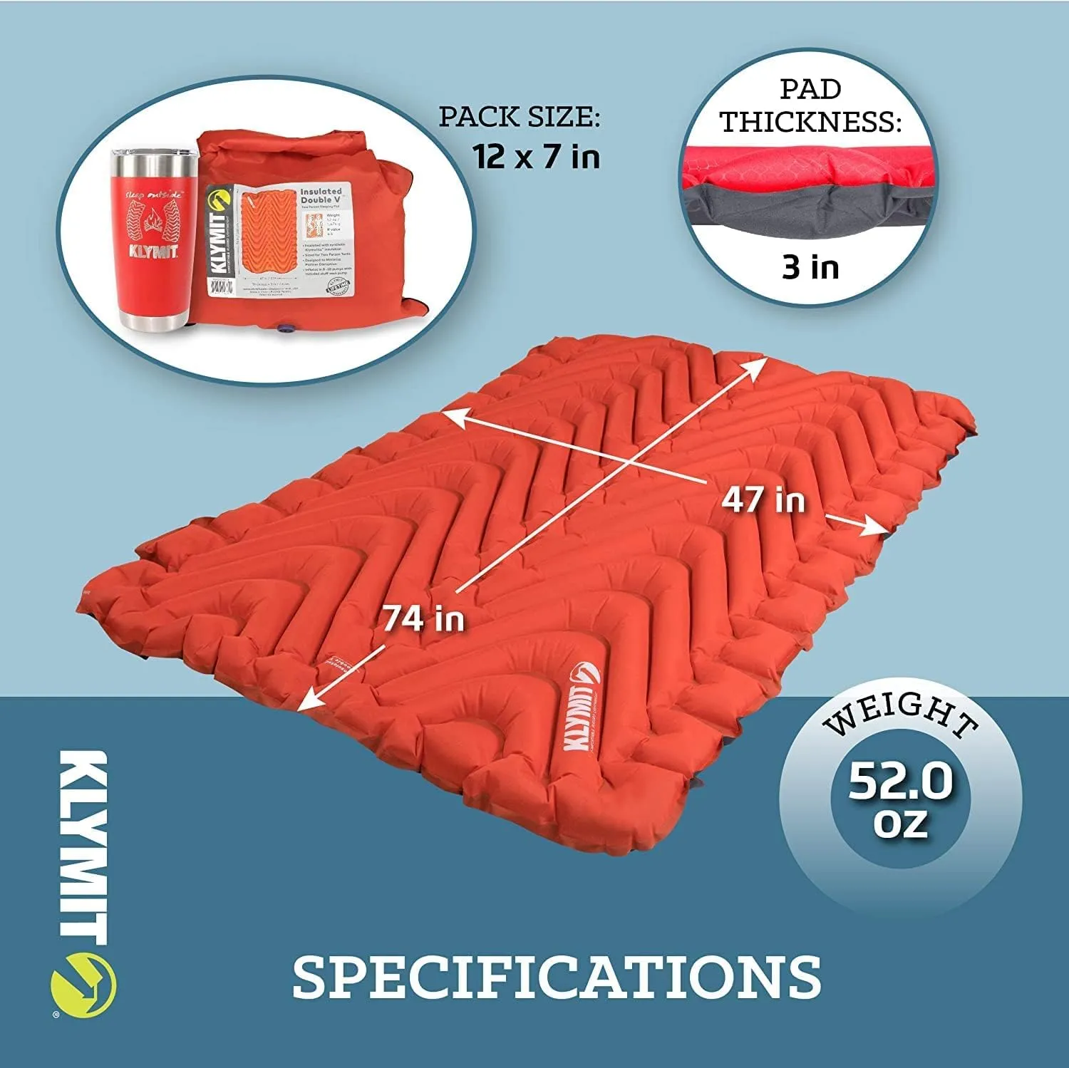 Klymit Insulated Double V Inflatable Sleeping Pad for Camping, Lightweight Hiking and Backpacking Air Bed for Cold Weather,Red & Static V Sheet, Sleeping Pad Cover, Green/Gray, Double