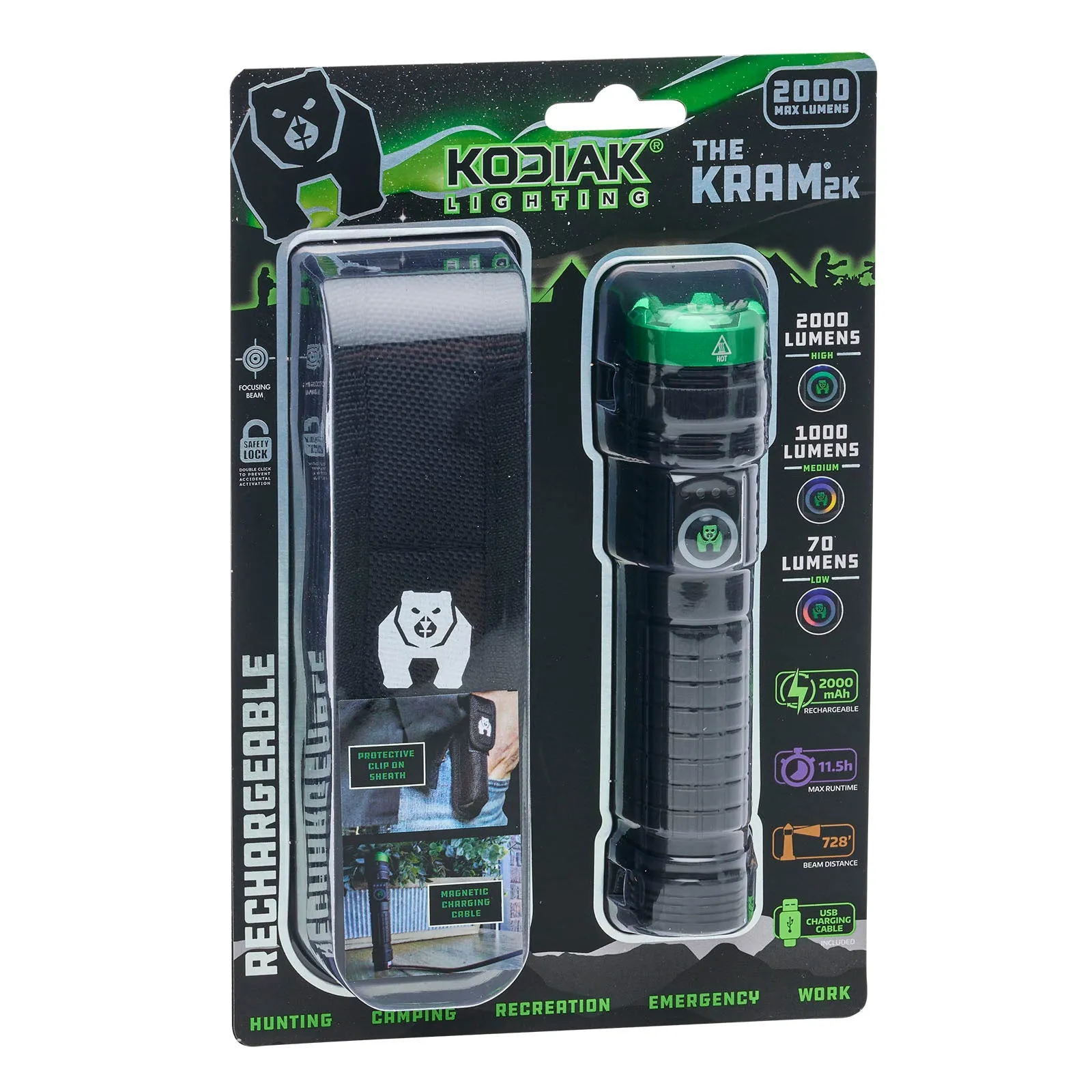 Kodiak 2000 Lumen Rechargeable Tactical Flashlight with Magnetic Charging