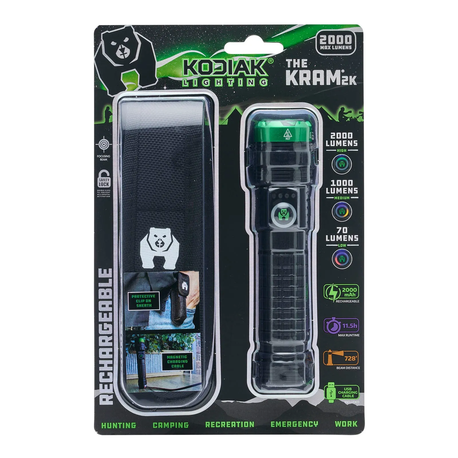 Kodiak 2000 Lumen Rechargeable Tactical Flashlight with Magnetic Charging