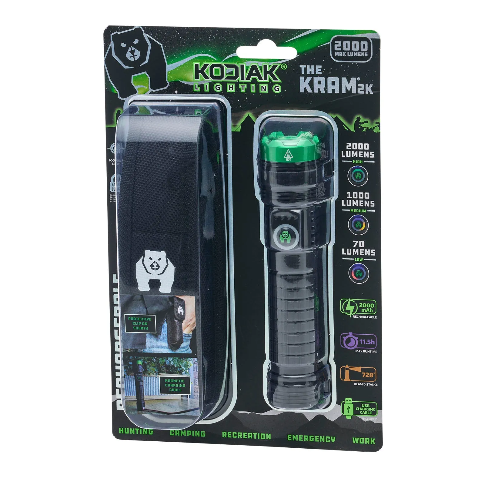 Kodiak 2000 Lumen Rechargeable Tactical Flashlight with Magnetic Charging
