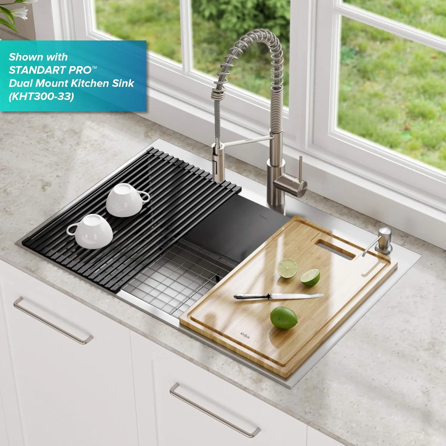 Kraus Multipurpose Over-Sink Roll-Up Dish Drying Rack, Colander and Trivet in Dark Grey, KRM-10DG