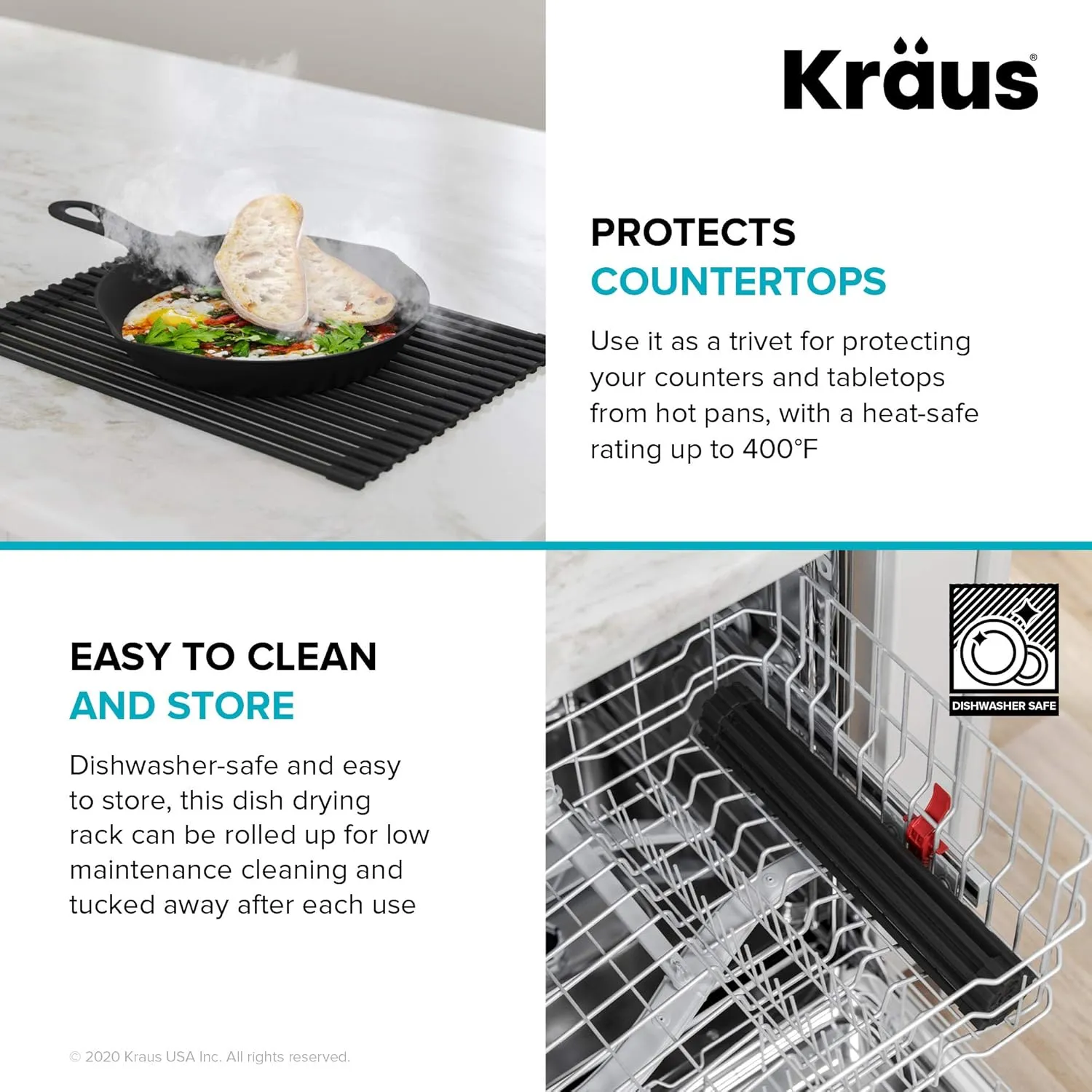 Kraus Multipurpose Over-Sink Roll-Up Dish Drying Rack, Colander and Trivet in Dark Grey, KRM-10DG