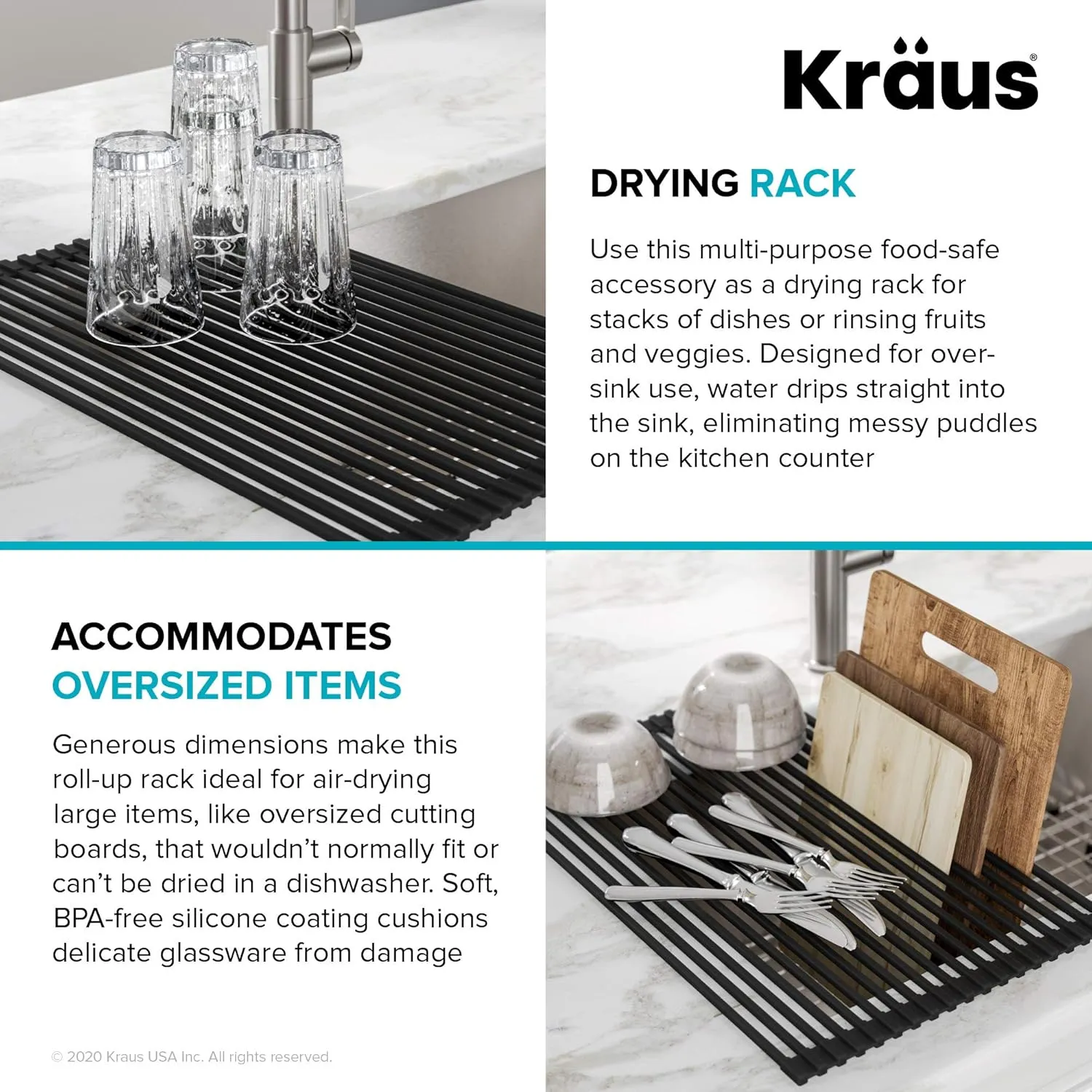 Kraus Multipurpose Over-Sink Roll-Up Dish Drying Rack, Colander and Trivet in Dark Grey, KRM-10DG
