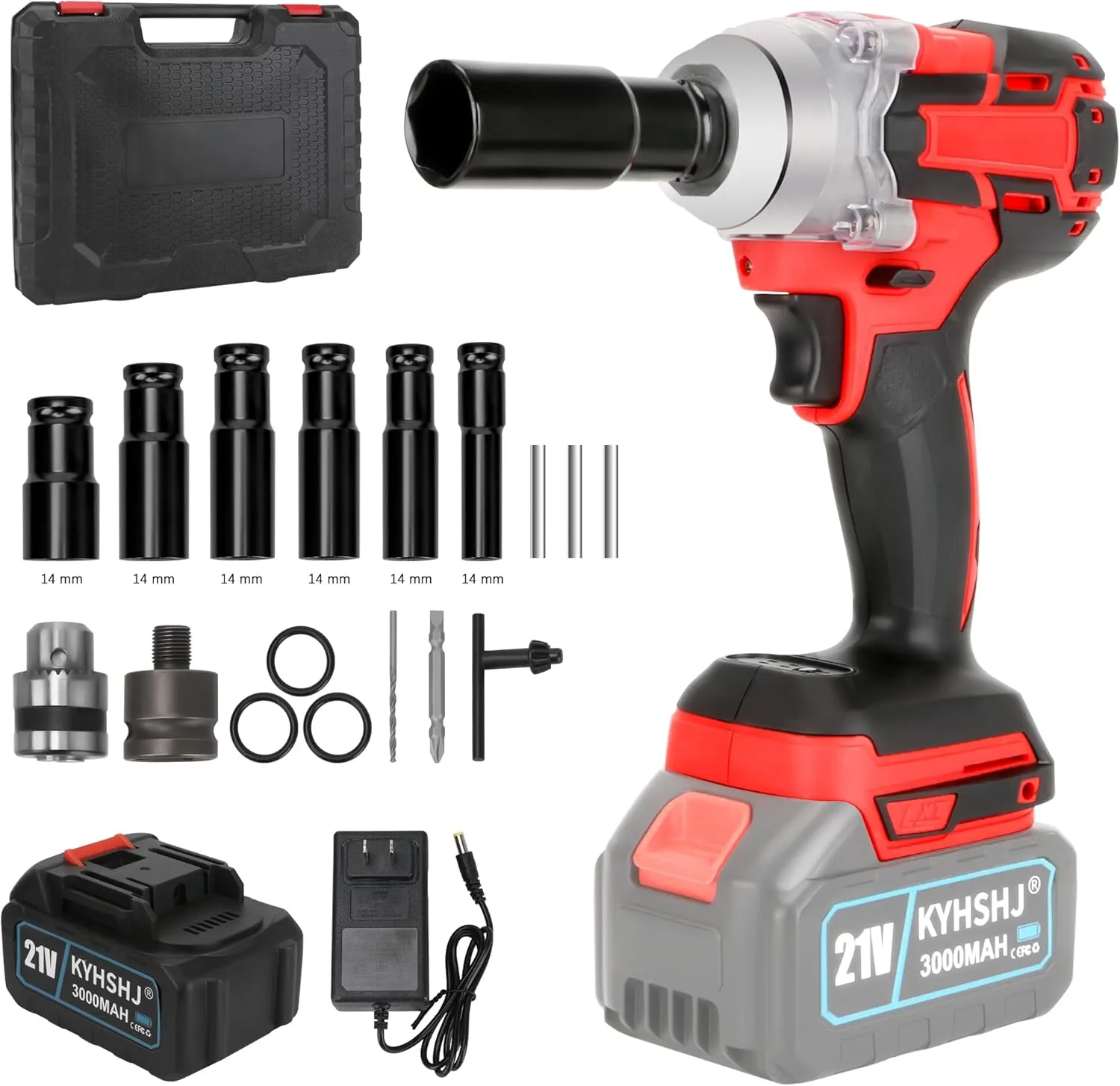KYHSHJ 21V Cordless Impact Wrench Powerful Brushless Motor with 1/2" Square Driver,Max Torque 580Ft-lbs(800N.m) Electric Impact Gun 6Pcs Impact Sockets,Fast Charger and Tool Bag