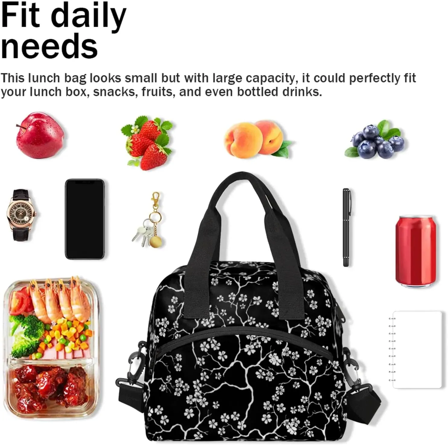 Large Lunch Bag for Women Adult Black Flower Floral Insulated Lunch Box with Adjustable Shoulder Strap,Waterproof Portable Cooler Tote Bags for Work Picnic Beach Travel Office (Black Flower)