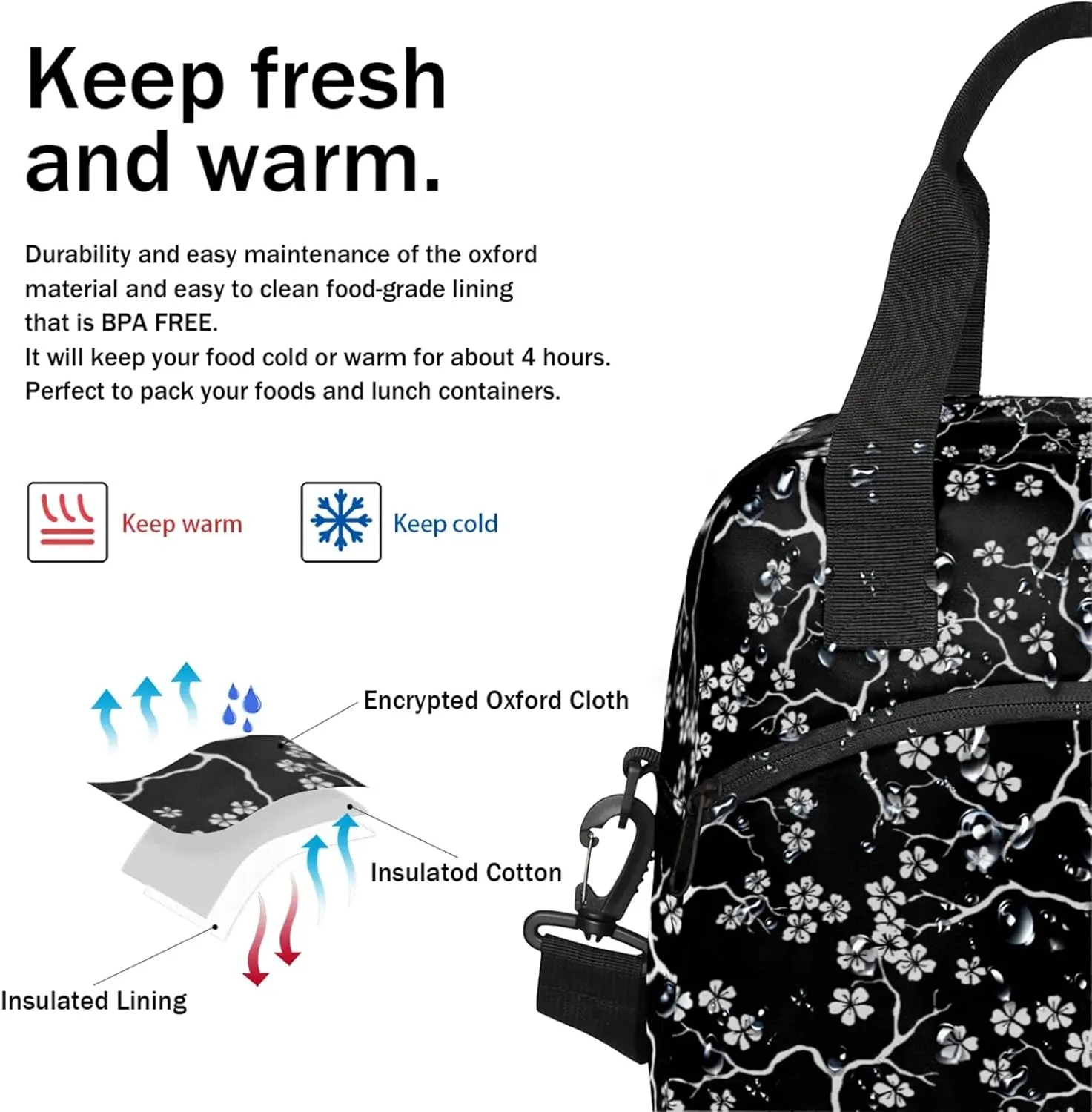 Large Lunch Bag for Women Adult Black Flower Floral Insulated Lunch Box with Adjustable Shoulder Strap,Waterproof Portable Cooler Tote Bags for Work Picnic Beach Travel Office (Black Flower)