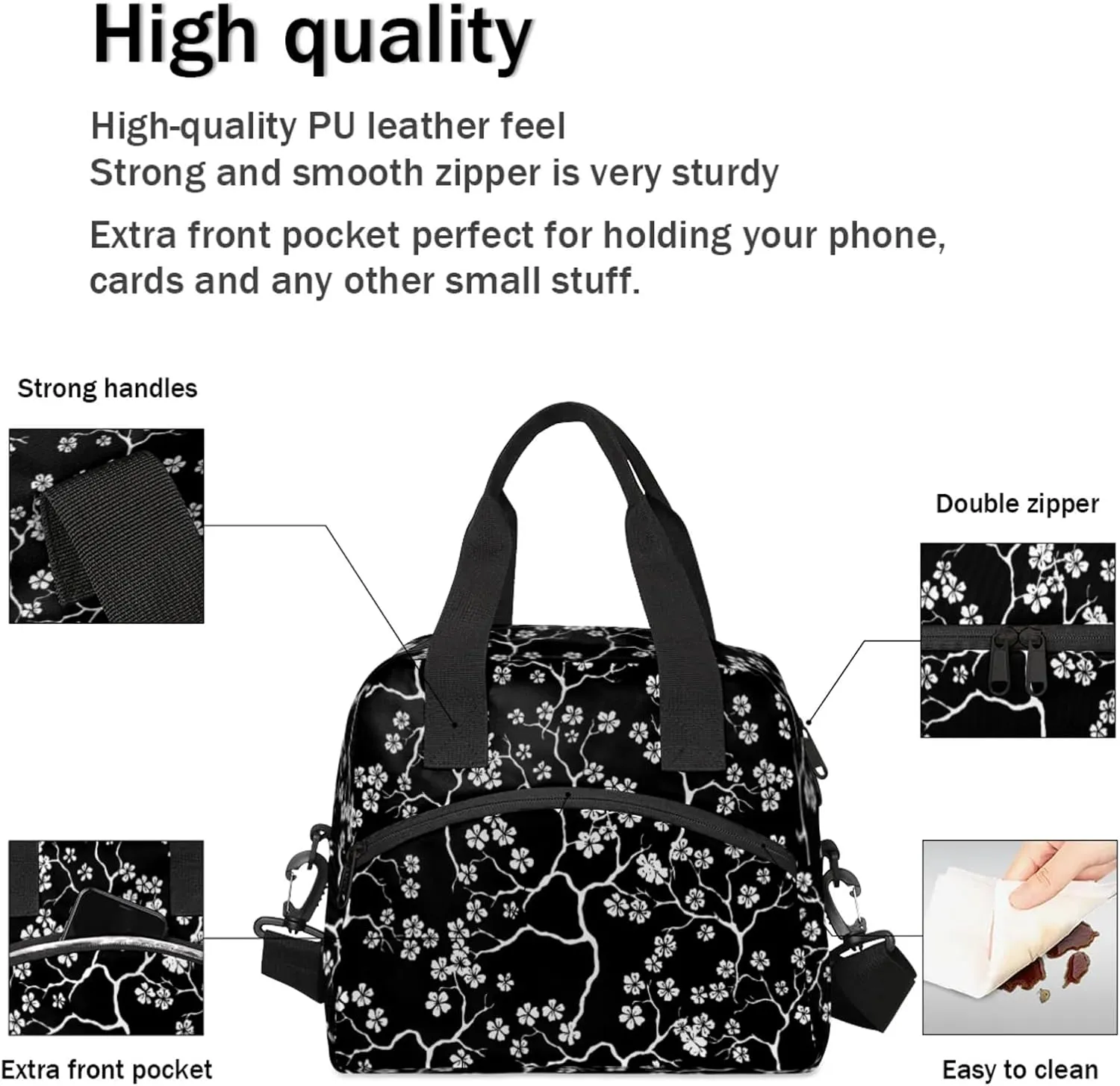 Large Lunch Bag for Women Adult Black Flower Floral Insulated Lunch Box with Adjustable Shoulder Strap,Waterproof Portable Cooler Tote Bags for Work Picnic Beach Travel Office (Black Flower)
