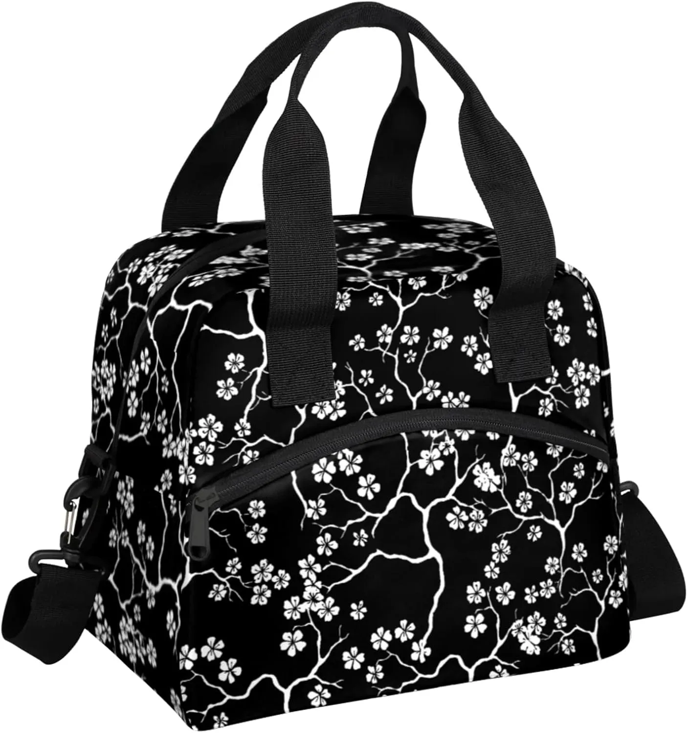 Large Lunch Bag for Women Adult Black Flower Floral Insulated Lunch Box with Adjustable Shoulder Strap,Waterproof Portable Cooler Tote Bags for Work Picnic Beach Travel Office (Black Flower)