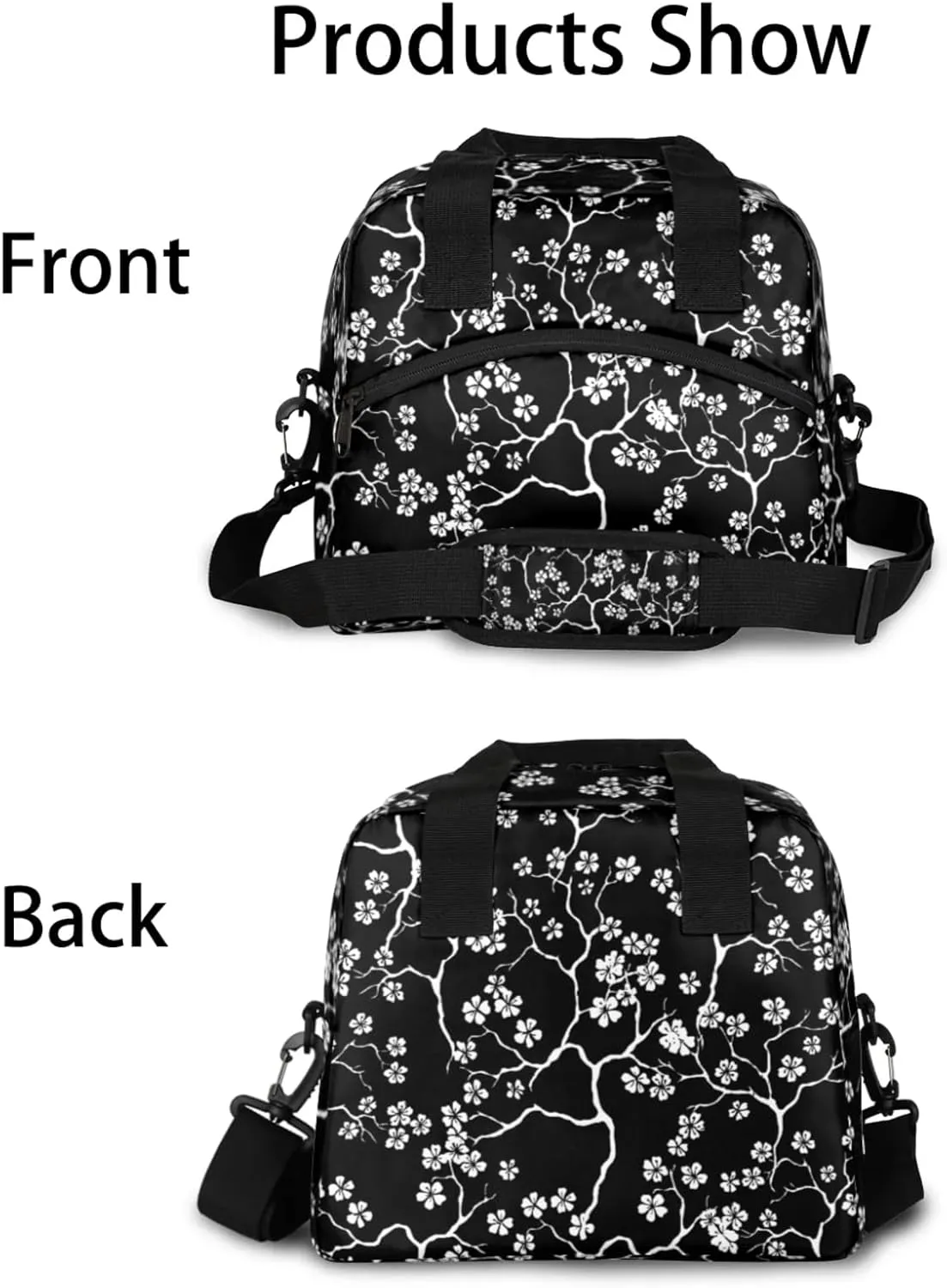 Large Lunch Bag for Women Adult Black Flower Floral Insulated Lunch Box with Adjustable Shoulder Strap,Waterproof Portable Cooler Tote Bags for Work Picnic Beach Travel Office (Black Flower)
