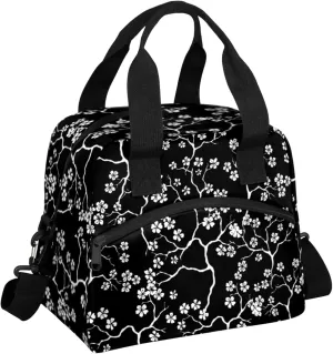 Large Lunch Bag for Women Adult Black Flower Floral Insulated Lunch Box with Adjustable Shoulder Strap,Waterproof Portable Cooler Tote Bags for Work Picnic Beach Travel Office (Black Flower)