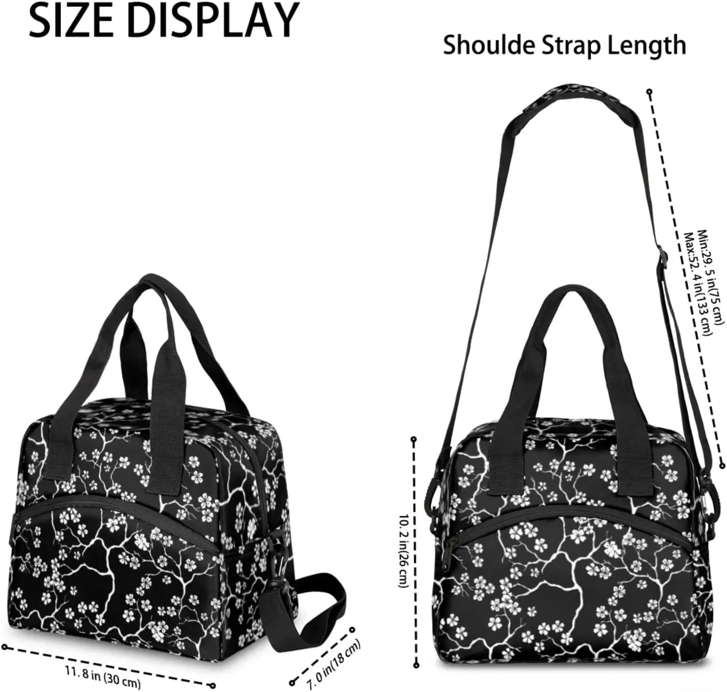 Large Lunch Bag for Women Adult Black Flower Floral Insulated Lunch Box with Adjustable Shoulder Strap,Waterproof Portable Cooler Tote Bags for Work Picnic Beach Travel Office (Black Flower)