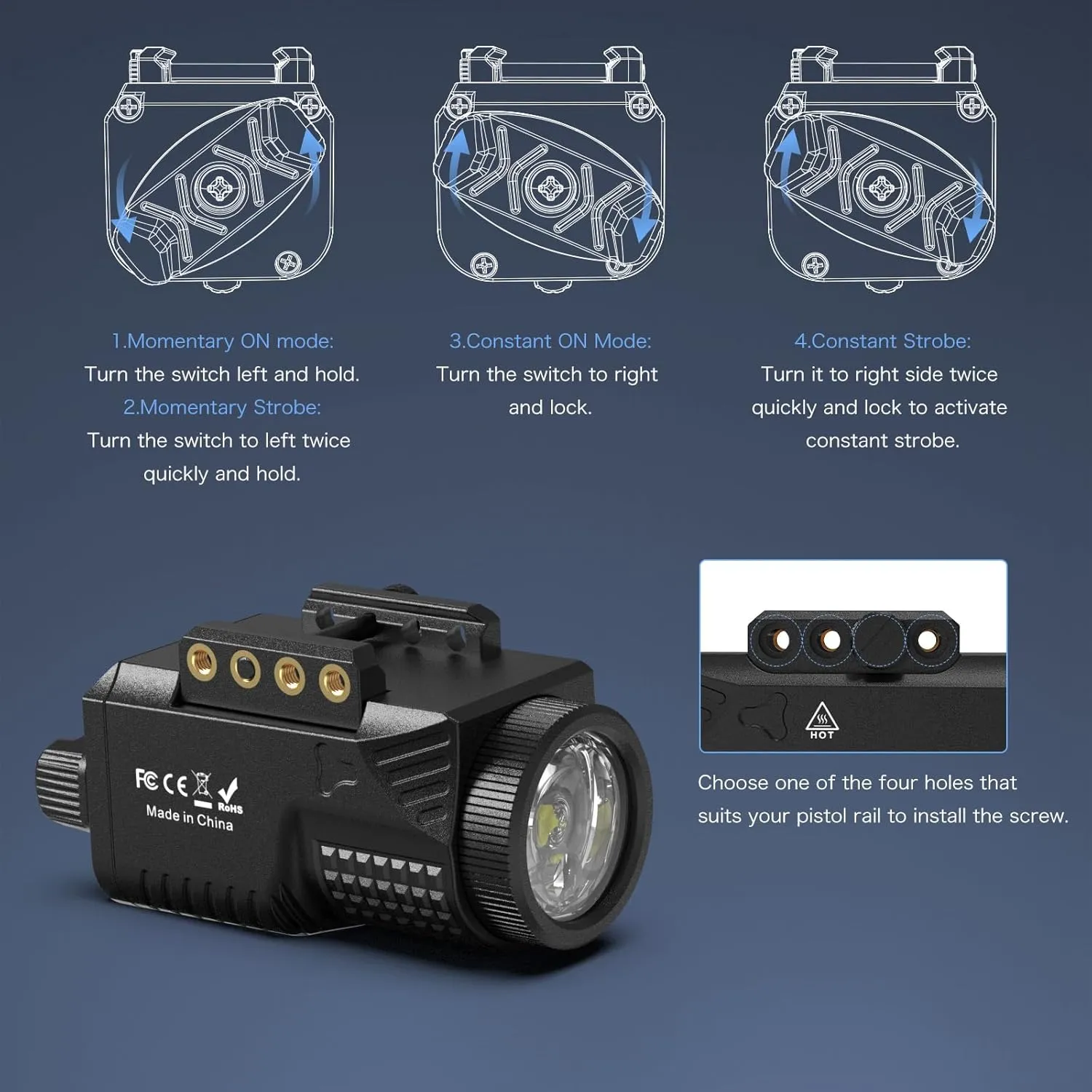 Laser Light Combo - 1200 Lumens Blue Laser Flashlight Beam for Pistol Picatinny 1913 Rail, Tactical Weapon Laser and Light, USB C Rechargeable