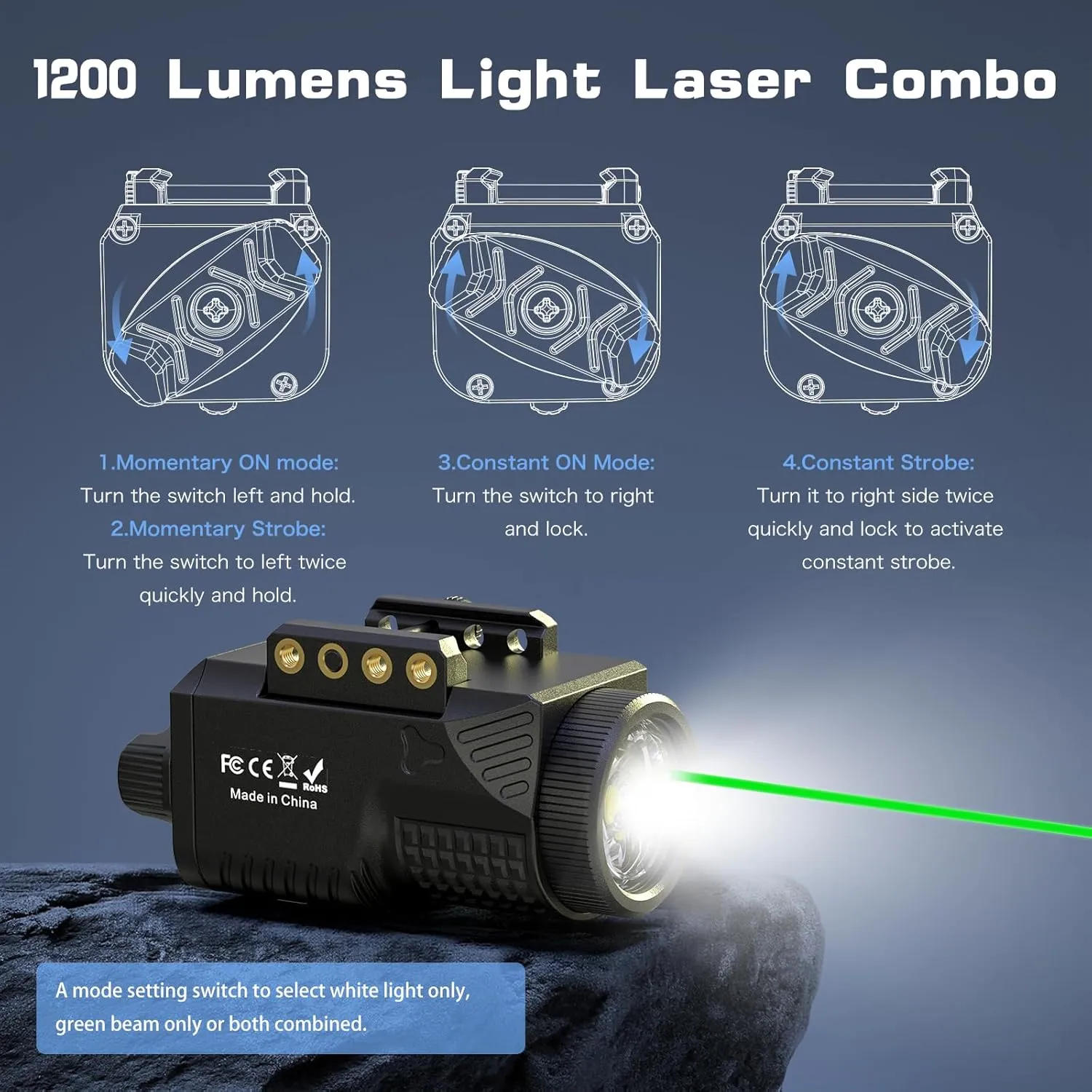 Laser Light Combo - 1200 Lumens Green Laser Beam Flashlight for Glock Pistol Gun Picatinny 1913 Rail, Tactical Subcompact Weapon Laser and Flashlight, USB C Rechargeable, 3mW