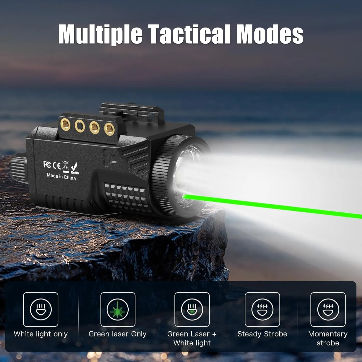 Laser Light Combo - 1200 Lumens Green Laser Beam Flashlight for Glock Pistol Gun Picatinny 1913 Rail, Tactical Subcompact Weapon Laser and Flashlight, USB C Rechargeable, 3mW