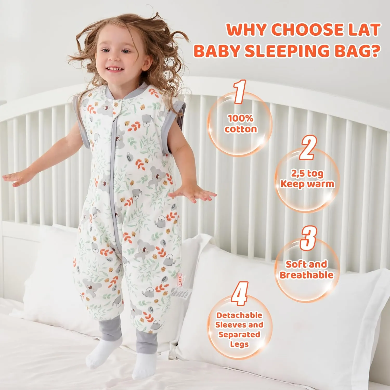 LAT Baby Sleep Bag with Feet Winter,3-way zipper Wearable Blanket,Warm Sack for Toddler Thicken 2.5 TOG-Removable Sleeves