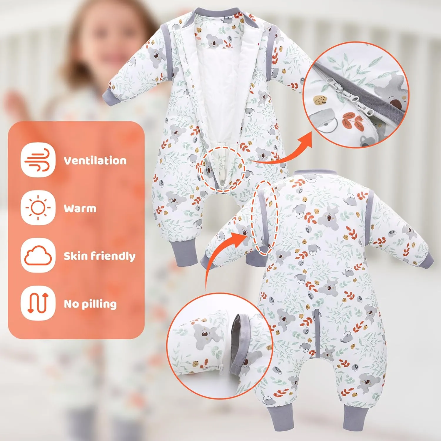 LAT Baby Sleep Bag with Feet Winter,3-way zipper Wearable Blanket,Warm Sack for Toddler Thicken 2.5 TOG-Removable Sleeves