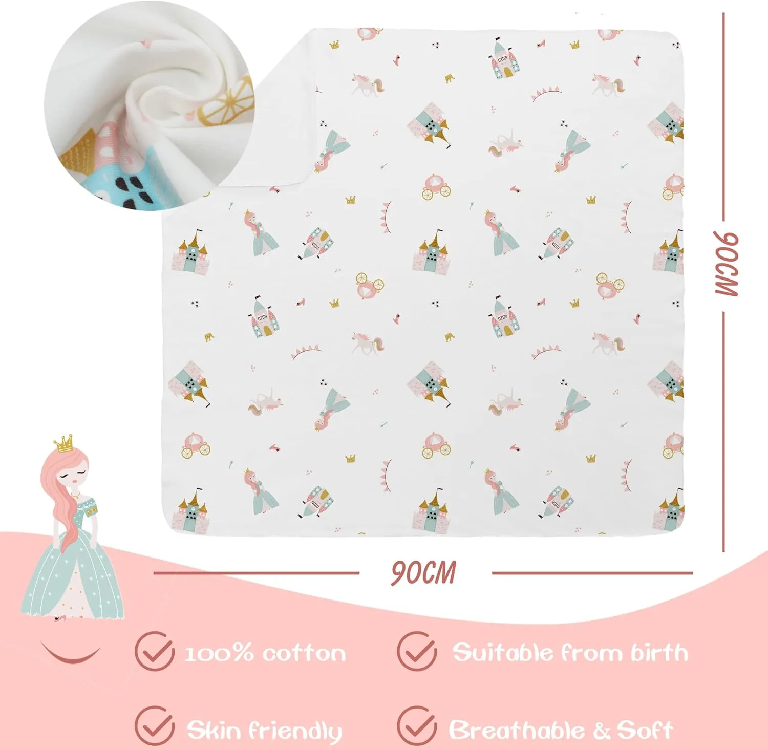LAT LEE AND TOWN Baby Cotton Swaddle Blankets with Hat Set 3 Pack 0-3 3-6 Months Wearable Blankets Unisex Baby Sleeping Bag (princess)