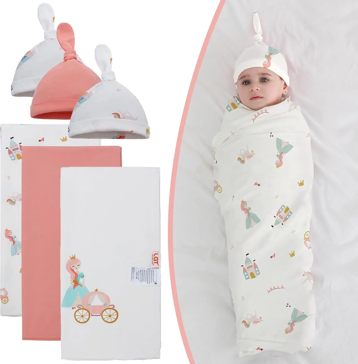LAT LEE AND TOWN Baby Cotton Swaddle Blankets with Hat Set 3 Pack 0-3 3-6 Months Wearable Blankets Unisex Baby Sleeping Bag (princess)