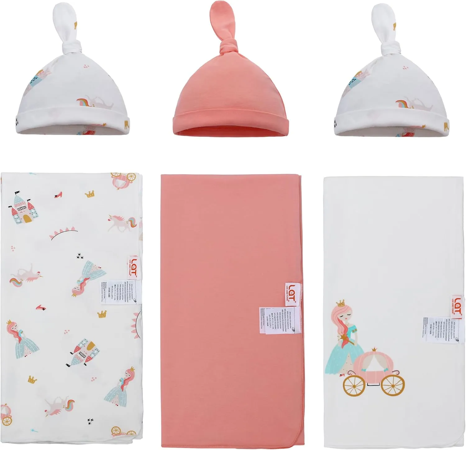 LAT LEE AND TOWN Baby Cotton Swaddle Blankets with Hat Set 3 Pack 0-3 3-6 Months Wearable Blankets Unisex Baby Sleeping Bag (princess)