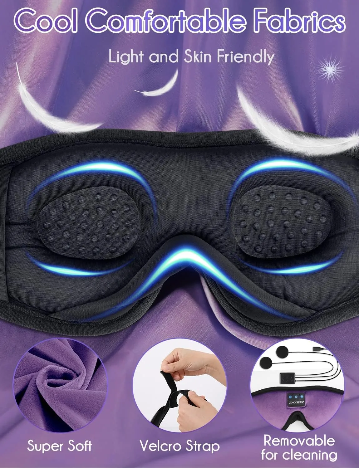 LC-dolida Sleep Headphones, Sleep Mask Bluetooth Wireless Music Eye Mask, Sleeping Headphones for Side Sleepers Sleep Mask with Bluetooth Headphones Ultra-Thin Stereo Speakers Perfect for Sleeping