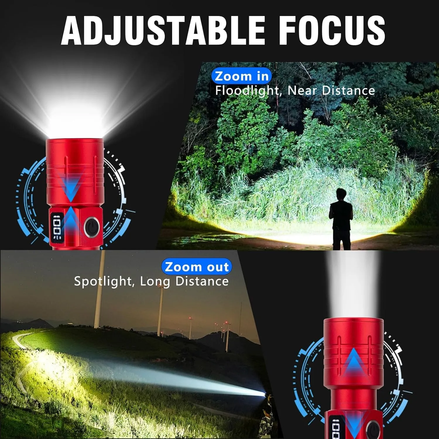 LED Flashlight, High Powered Super Bright Tactical Flashlight, Rechargeable Flashlights High Lumens, 6 Modes Zoomable Waterproof Flash Lights for Emergency, Camping, Hiking (Red Blue)