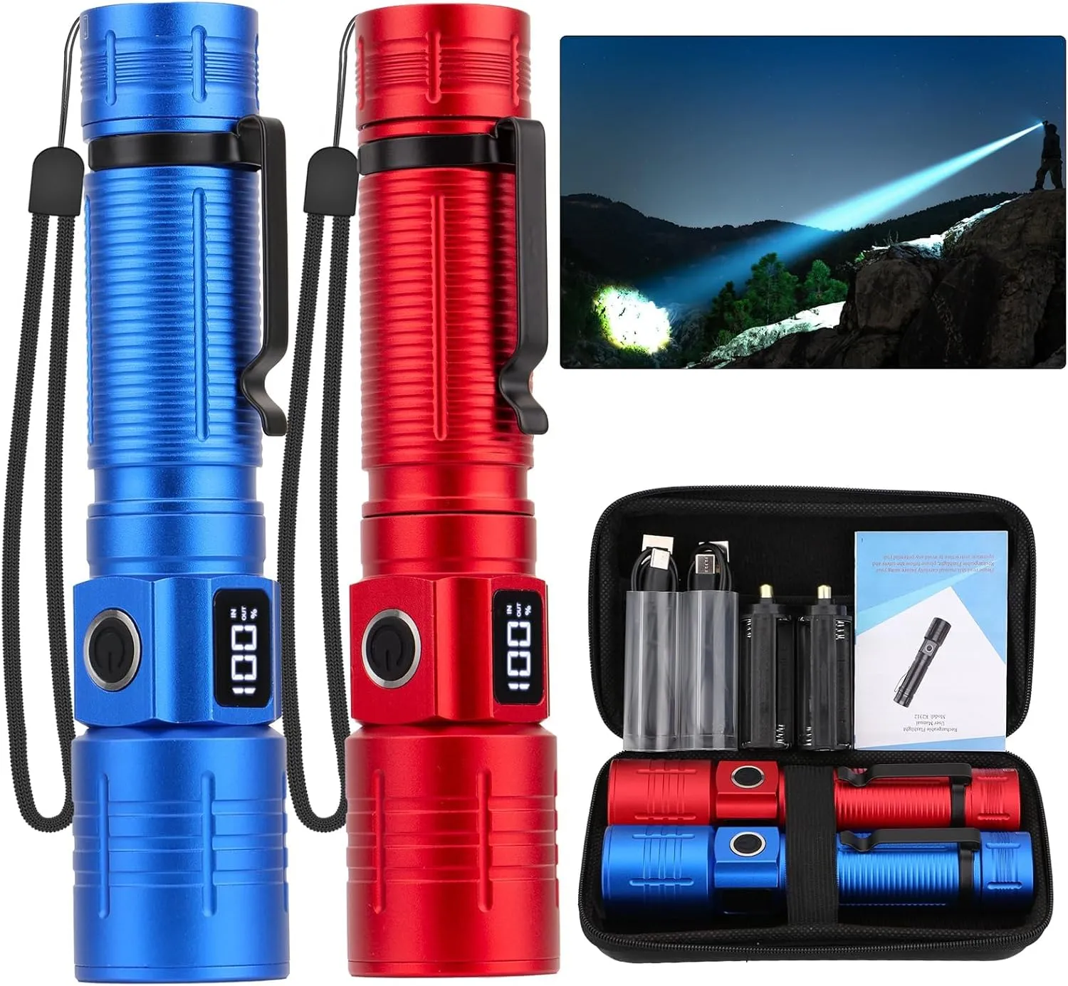LED Flashlight, High Powered Super Bright Tactical Flashlight, Rechargeable Flashlights High Lumens, 6 Modes Zoomable Waterproof Flash Lights for Emergency, Camping, Hiking (Red Blue)