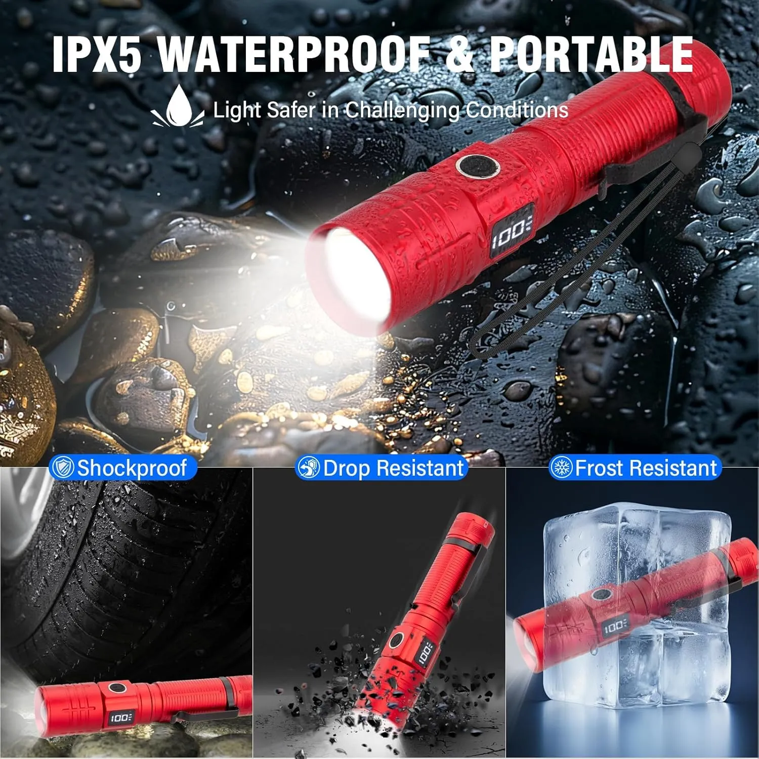 LED Flashlight, High Powered Super Bright Tactical Flashlight, Rechargeable Flashlights High Lumens, 6 Modes Zoomable Waterproof Flash Lights for Emergency, Camping, Hiking (Red Blue)
