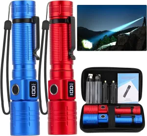 LED Flashlight, High Powered Super Bright Tactical Flashlight, Rechargeable Flashlights High Lumens, 6 Modes Zoomable Waterproof Flash Lights for Emergency, Camping, Hiking (Red Blue)