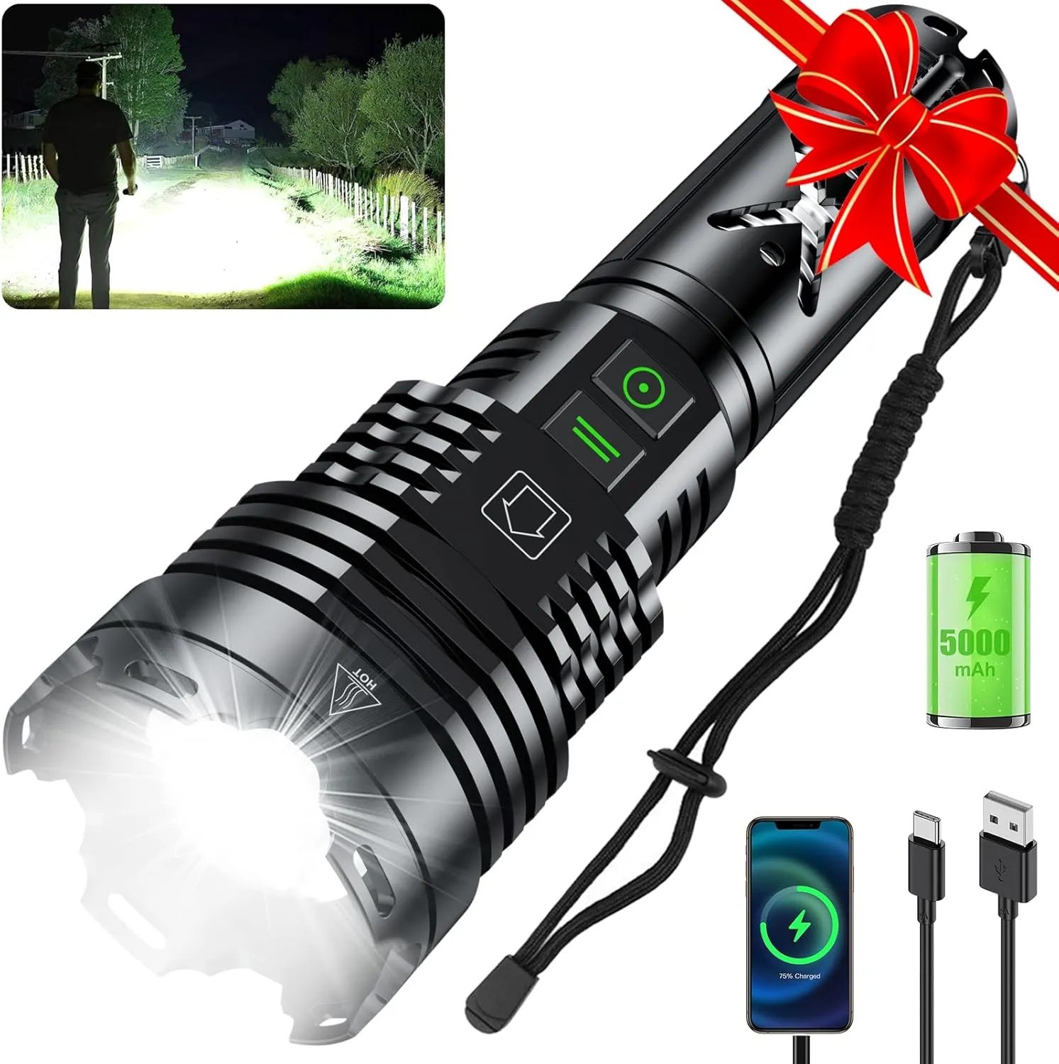 LED Flashlights 2000.000 High Lumens,Tactical Flashlight Rechargeable USB C, 6 Modes, Zoomable, IP67 Waterproof, High Powered Flashlight for Home Camping Emergencies