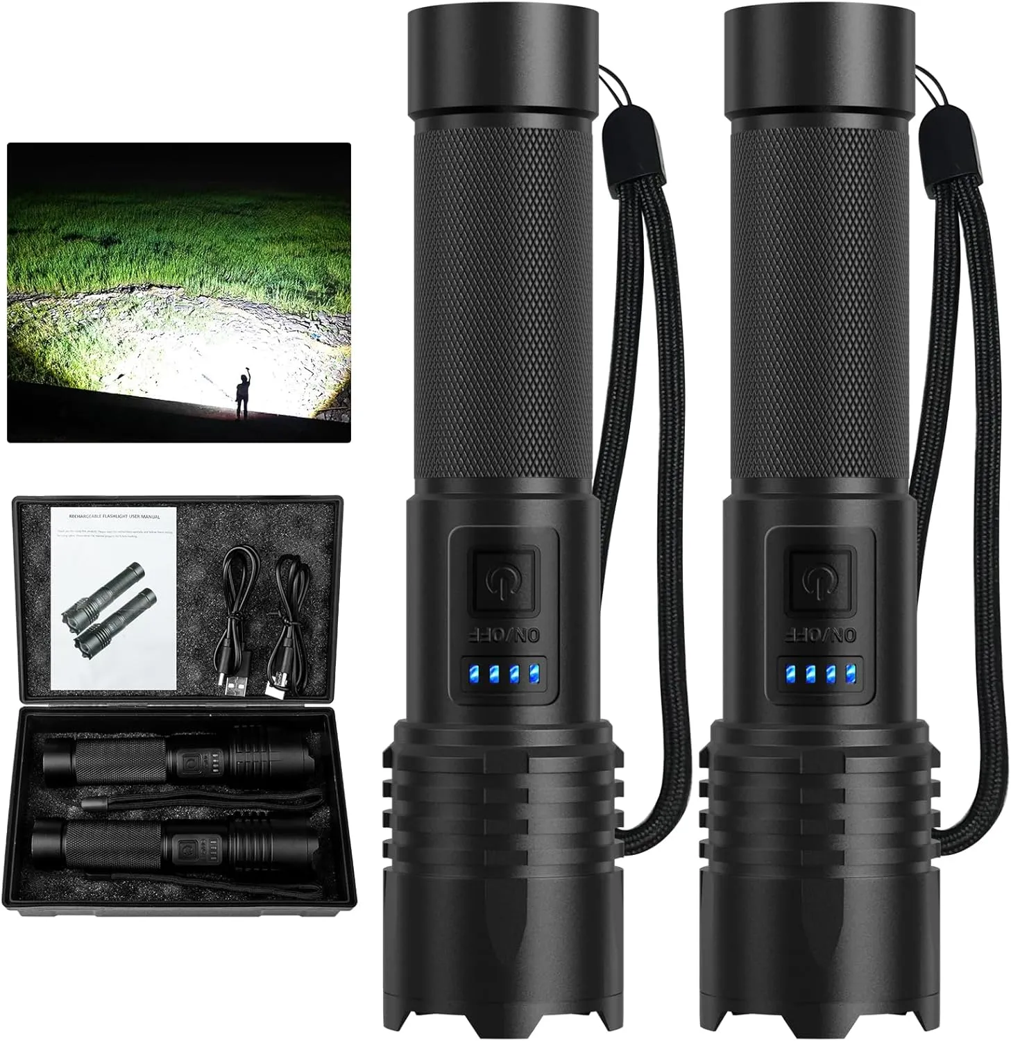 LED Flashlights High Lumens Rechargeable, 2000 Lumens Super Bright Flash Light Brightest Flashlight, 3 Modes IPX7 Waterproof, High Powered Tactical Flashlights for Camping Emergencies (2 Pack)