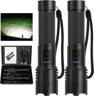LED Flashlights High Lumens Rechargeable, 2000 Lumens Super Bright Flash Light Brightest Flashlight, 3 Modes IPX7 Waterproof, High Powered Tactical Flashlights for Camping Emergencies (2 Pack)