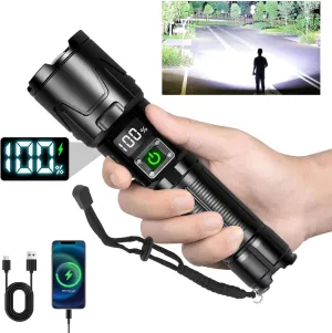 LED Rechargeable Tactical Flashlights High Lumens 1000000, Military Grade Aluminum Super Bright Flashlight, Upgraded Removable 5000mAh 26650 Battery, Waterproof Flashlight for Emergencies Camping