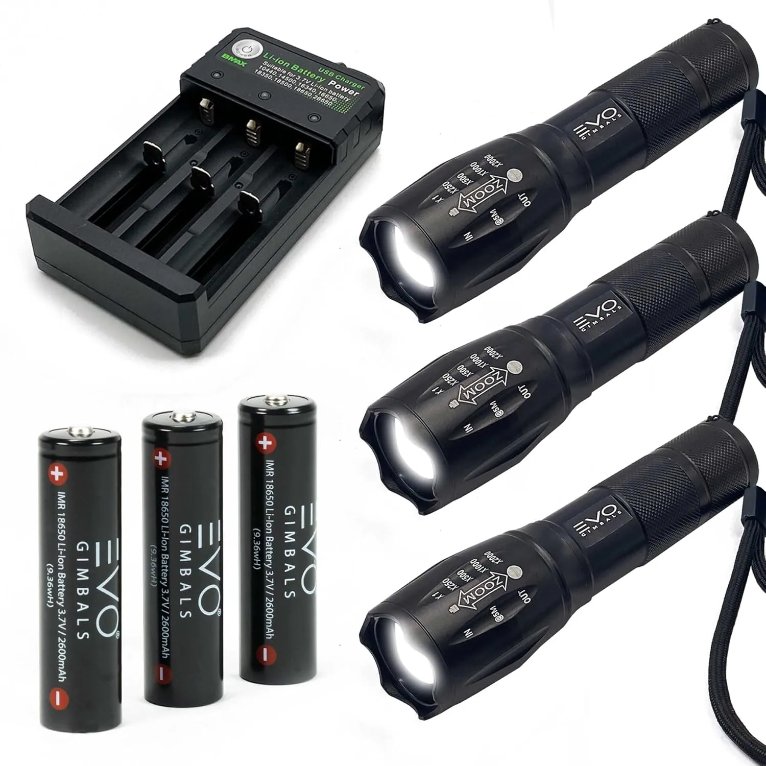 LED Tactical Flashlight Kit [3 Pack] Includes: 3 Torch Lights, 3 Pack Batteries & 3-Slot Charger (5 Items)