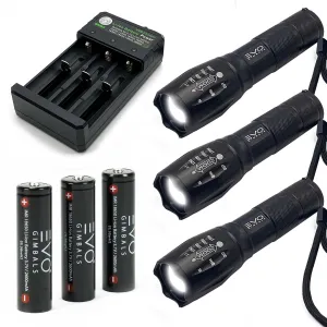 LED Tactical Flashlight Kit [3 Pack] Includes: 3 Torch Lights, 3 Pack Batteries & 3-Slot Charger (5 Items)